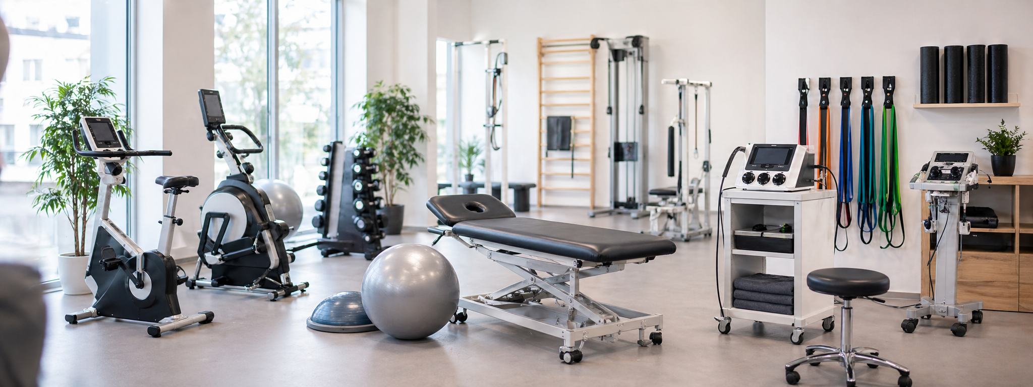 Moderne Physiotherapie-Praxis mit Therapie- und Trainingsgeräten