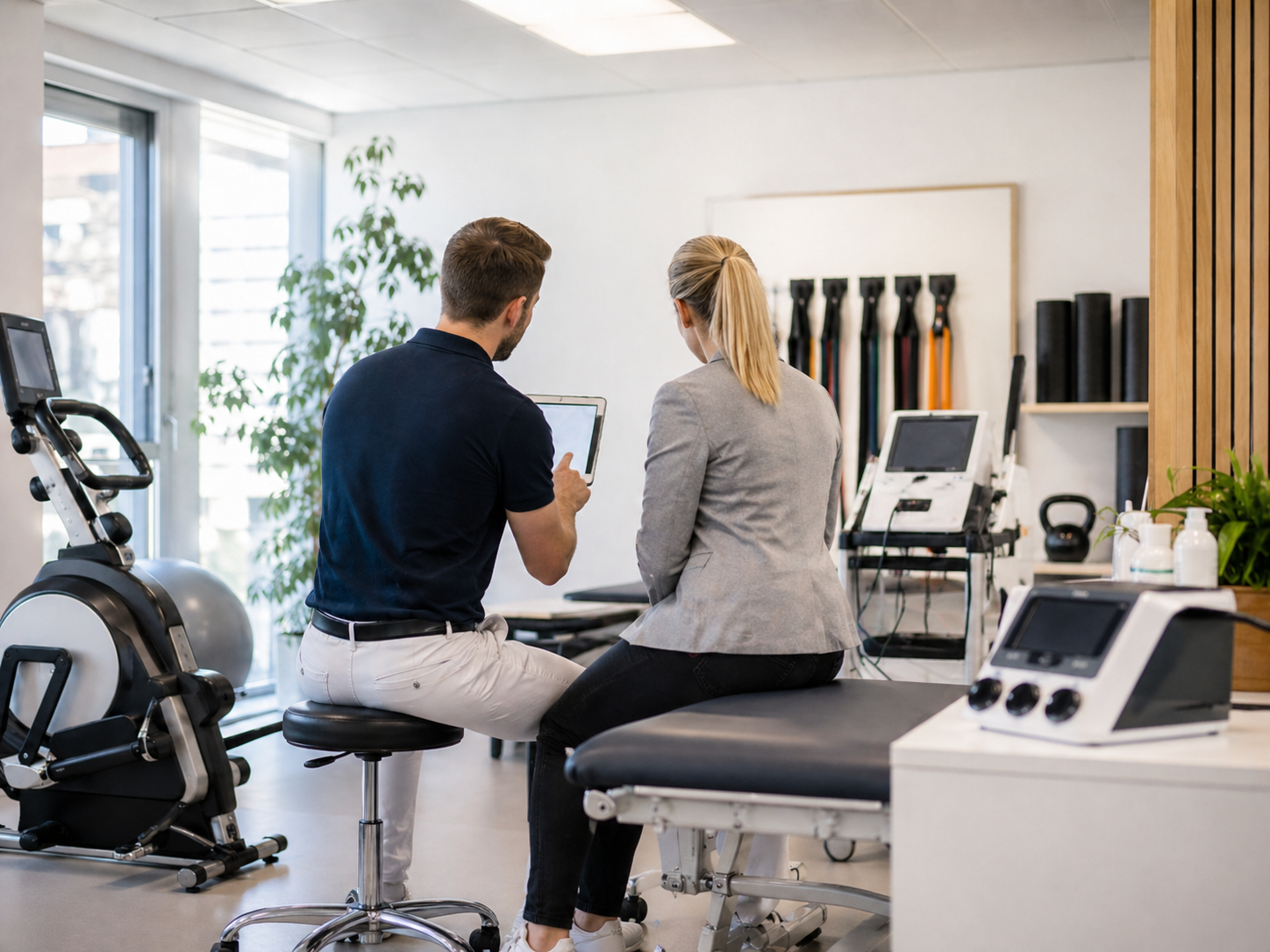 Physiotherapeut berät Kollegin in moderner Praxis